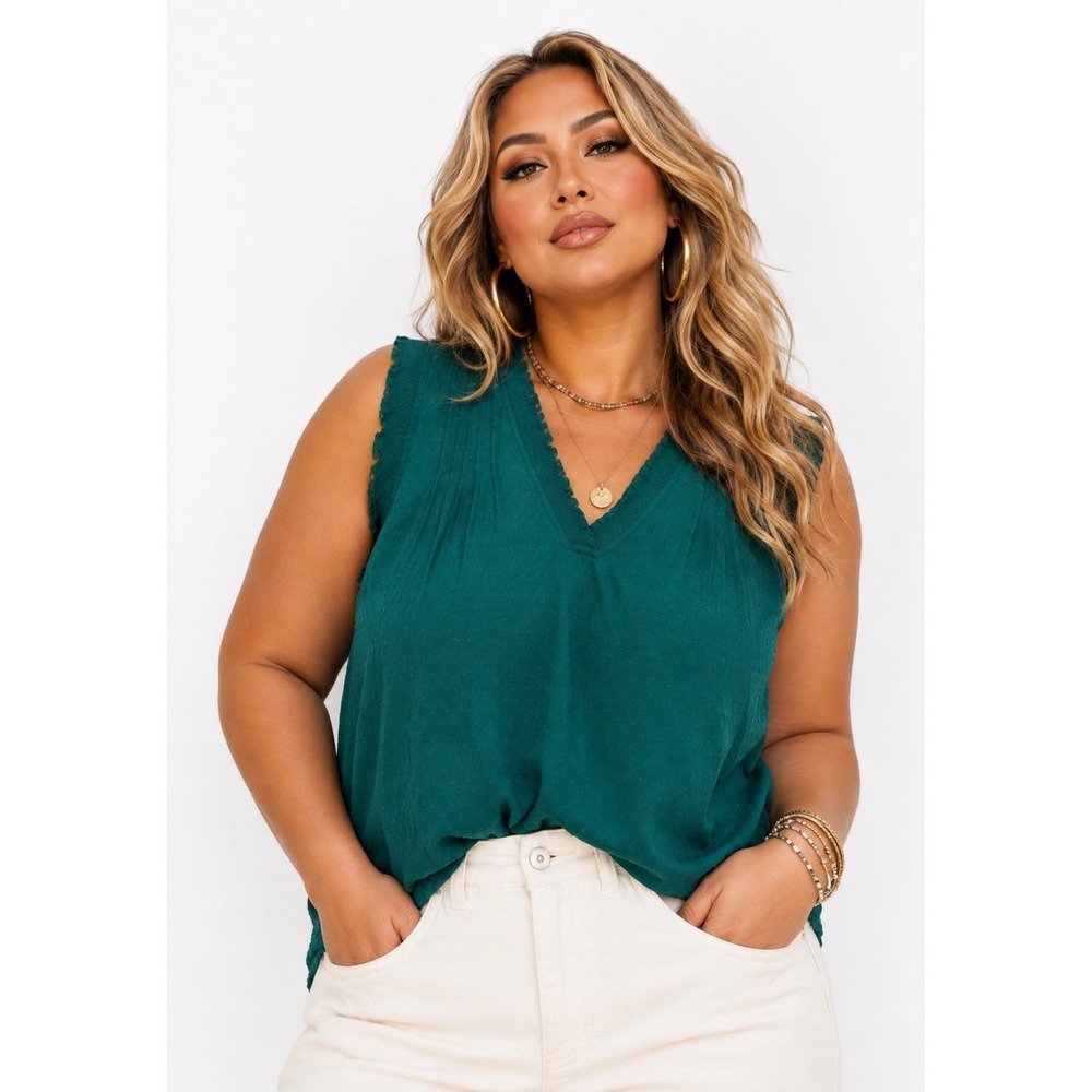 Les Serein Jay Blouse Teal Green Sleeveless V-Neck Smocked Top 2X NWT
